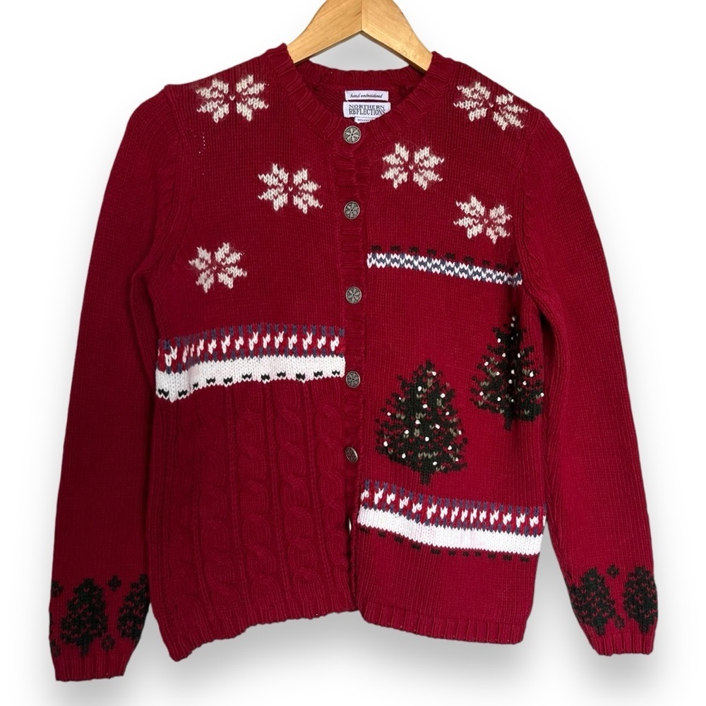 Northern Reflections Embroidered Christmas Winter Knit Cardigan Red Size Small